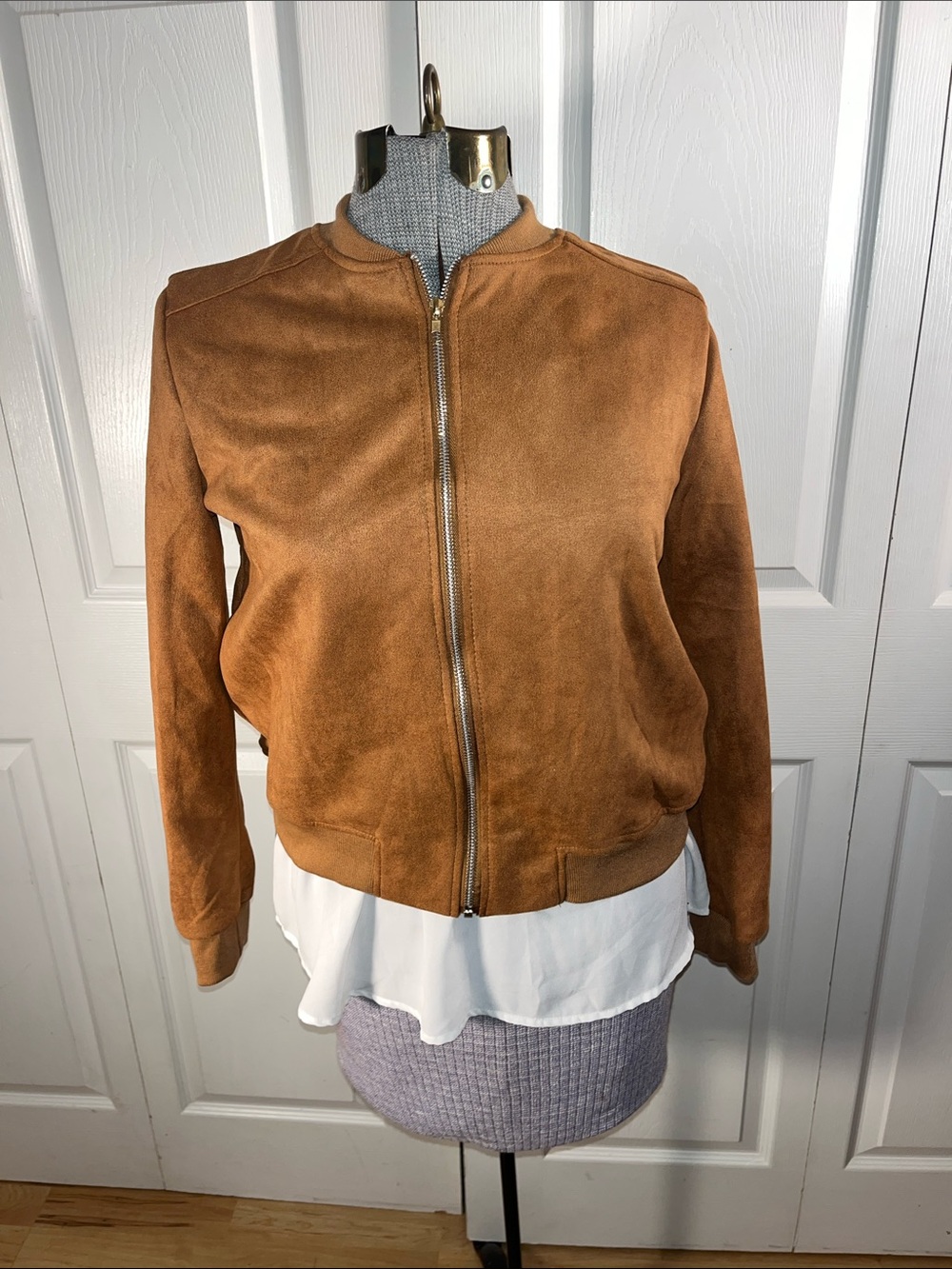 Women's Suede-Look Bomber Jacket in Tan